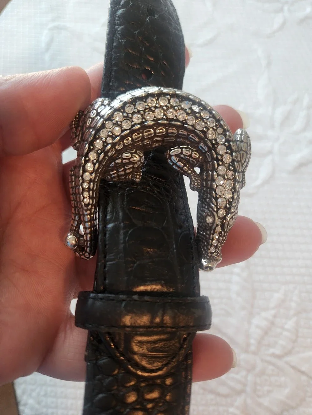Luxury Black Croc-Textured Reptile Belt with Jeweled Buckle